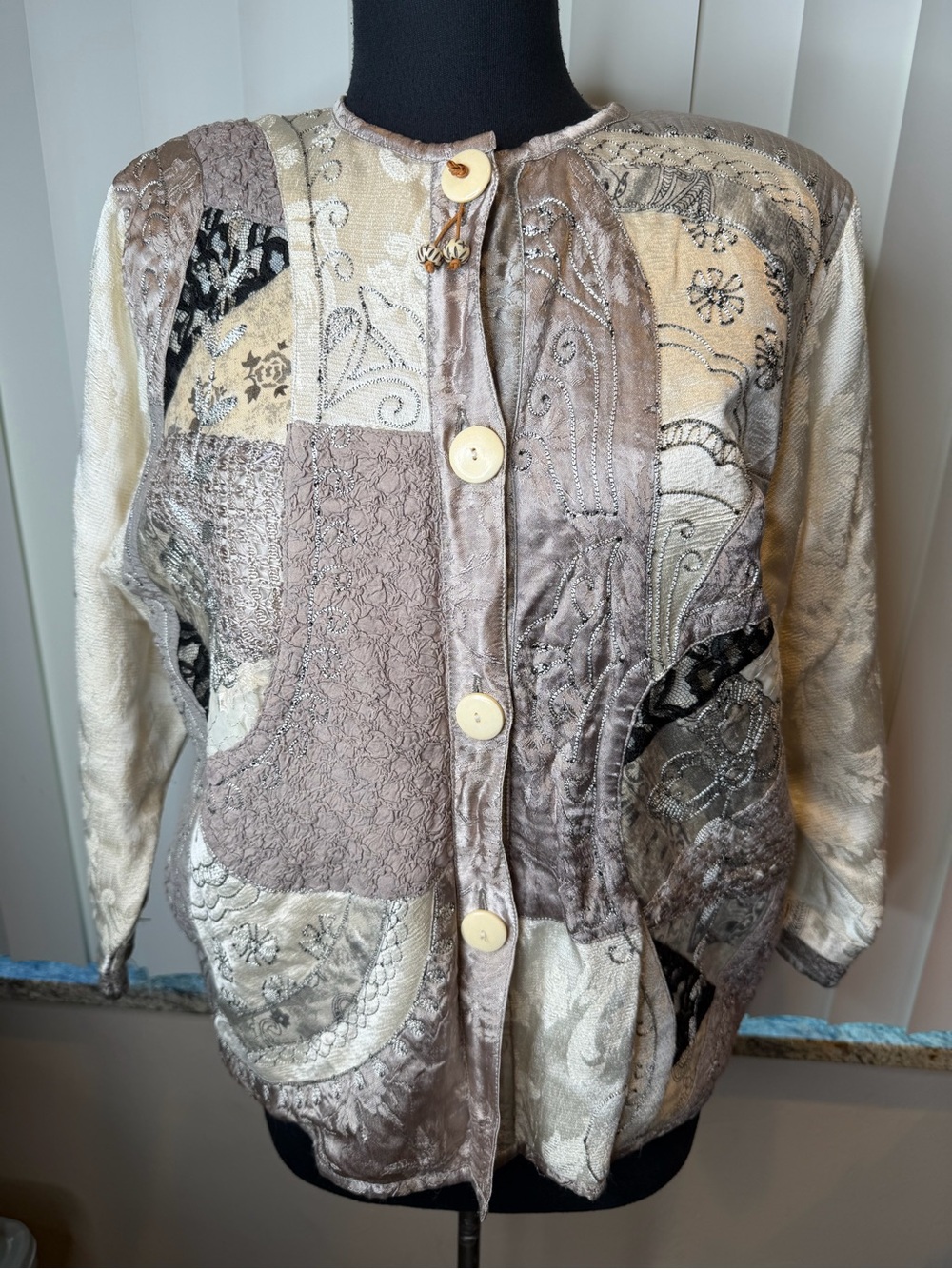 Vintage FLASHBACK Jacket Women's Large Silver Patchwork Tapestry BOHO SZ Small